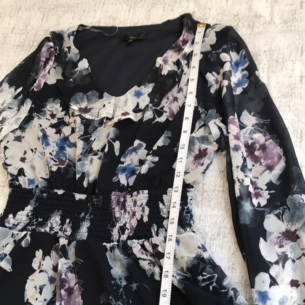 AKA Floral Mini Dress, Sapphire Blue Dress with Tiered Ruffles; Long Sleeve; XS - Picture 16 of 16